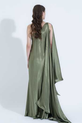 NA-KA_Olive Green Silk One Shoulder Gown _Online_at_Aza_Fashions