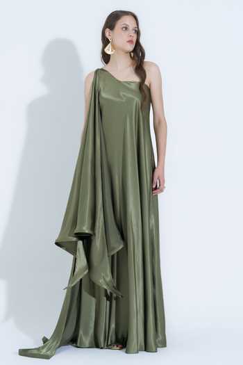 Shop_NA-KA_Olive Green Silk One Shoulder Gown _Online_at_Aza_Fashions