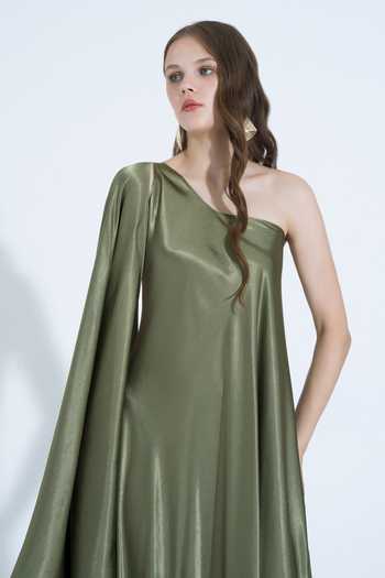 NA-KA_Olive Green Silk One Shoulder Gown _at_Aza_Fashions