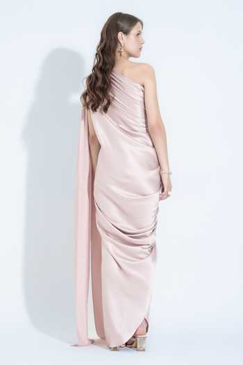 NA-KA_Pink Satin One Shoulder Draped Gown _Online_at_Aza_Fashions