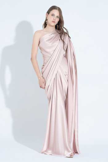 Buy_NA-KA_Pink Satin One Shoulder Draped Gown _at_Aza_Fashions