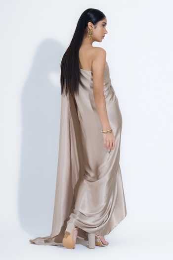 NA-KA_Gold Silk One Shoulder Draped Gown _Online_at_Aza_Fashions