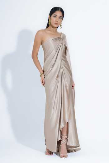 Buy_NA-KA_Gold Silk One Shoulder Draped Gown _Online_at_Aza_Fashions