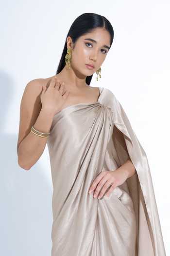 Shop_NA-KA_Gold Silk One Shoulder Draped Gown _Online_at_Aza_Fashions