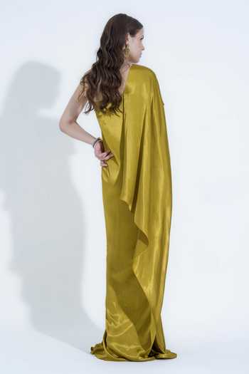 NA-KA_Olive Green Silk One Shoulder Asymmetric Draped Gown _Online_at_Aza_Fashions