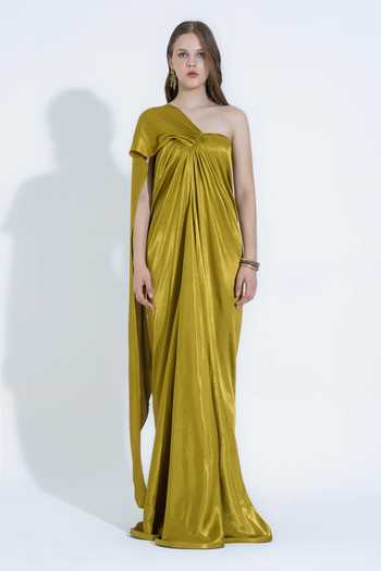 Buy_NA-KA_Olive Green Silk One Shoulder Asymmetric Draped Gown _Online_at_Aza_Fashions