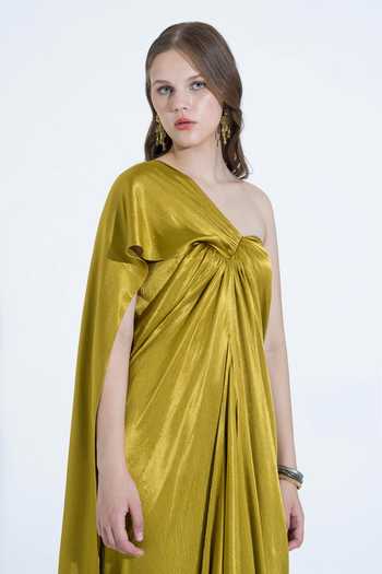 Shop_NA-KA_Olive Green Silk One Shoulder Asymmetric Draped Gown _Online_at_Aza_Fashions