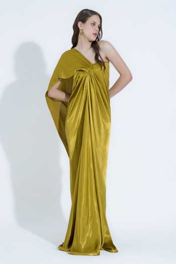 NA-KA_Olive Green Silk One Shoulder Asymmetric Draped Gown _at_Aza_Fashions