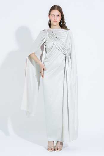 Shop_NA-KA_Ivory Satin Boat Neck Draped Gown _Online_at_Aza_Fashions