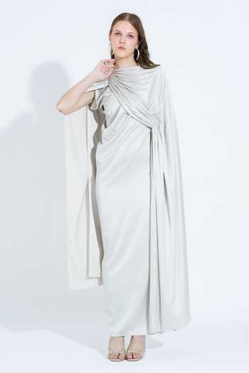 NA-KA_Ivory Satin Boat Neck Draped Gown _at_Aza_Fashions