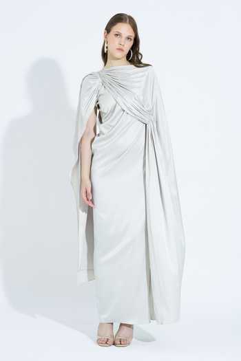 Buy_NA-KA_Ivory Satin Boat Neck Draped Gown 