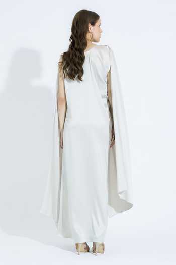 NA-KA_Ivory Satin Boat Neck Draped Gown _Online_at_Aza_Fashions