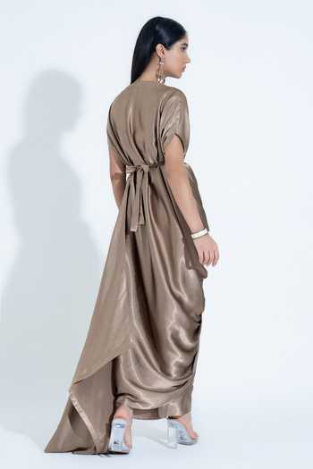 NA-KA_Gold Silk Cowl Neck Draped Gown _Online_at_Aza_Fashions