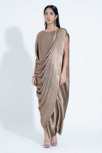 Buy_NA-KA_Gold Silk Cowl Neck Draped Gown _Online_at_Aza_Fashions