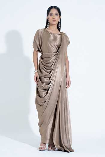 Shop_NA-KA_Gold Silk Cowl Neck Draped Gown _Online_at_Aza_Fashions