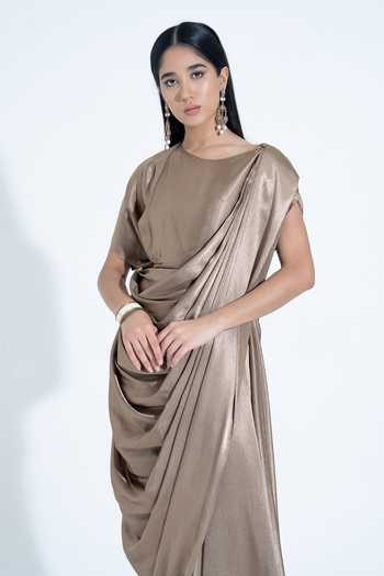NA-KA_Gold Silk Cowl Neck Draped Gown _at_Aza_Fashions