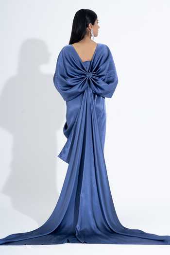 NA-KA_Blue Silk Bandeau , Open Draped Gown With Jacket _Online_at_Aza_Fashions