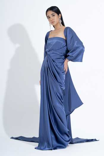 Buy_NA-KA_Blue Silk Bandeau , Open Draped Gown With Jacket _Online_at_Aza_Fashions