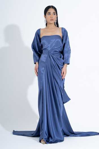 Shop_NA-KA_Blue Silk Bandeau , Open Draped Gown With Jacket _Online_at_Aza_Fashions