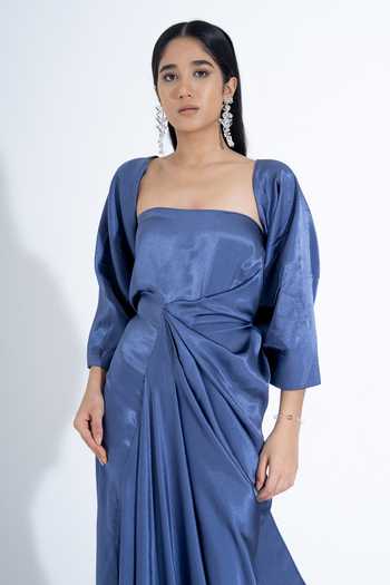 NA-KA_Blue Silk Bandeau , Open Draped Gown With Jacket _at_Aza_Fashions
