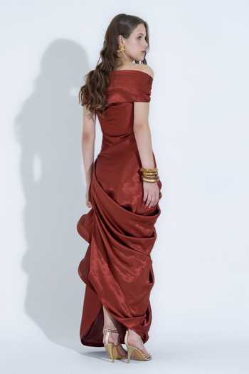 NA-KA_Orange Silk Off-shoulder, Cowl Neck Off Gown With Detachable Overlay _Online_at_Aza_Fashions