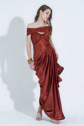 Shop_NA-KA_Orange Silk Off-shoulder, Cowl Neck Off Gown With Detachable Overlay _Online_at_Aza_Fashions