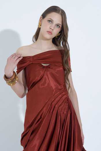 NA-KA_Orange Silk Off-shoulder, Cowl Neck Off Gown With Detachable Overlay _at_Aza_Fashions