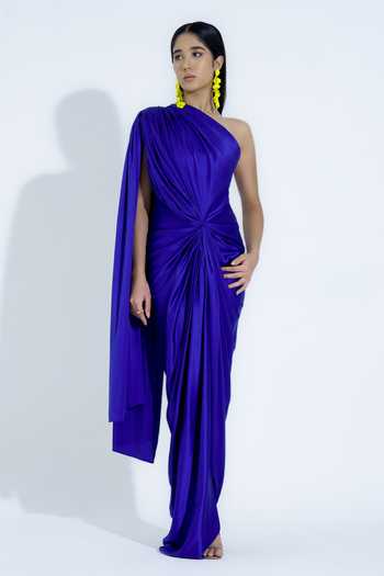 Buy_NA-KA_Blue Satin Asymmetric Neck Gathered Gown _Online_at_Aza_Fashions