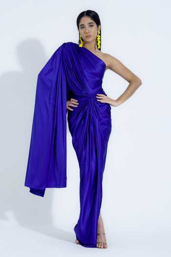 Buy_NA-KA_Blue Satin Asymmetric Neck Gathered Gown _at_Aza_Fashions