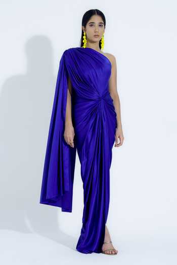 NA-KA_Blue Satin Asymmetric Neck Gathered Gown _at_Aza_Fashions
