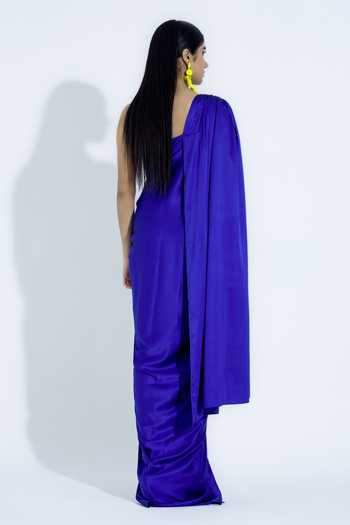 NA-KA_Blue Satin Asymmetric Neck Gathered Gown _Online_at_Aza_Fashions