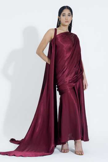 Buy_NA-KA_Maroon Silk One Shoulder Top And Skirt Set _Online_at_Aza_Fashions