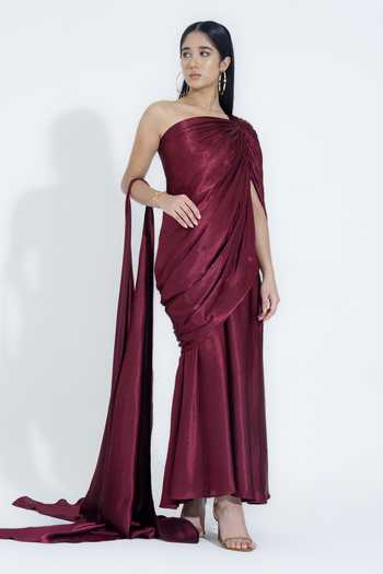 Shop_NA-KA_Maroon Silk One Shoulder Top And Skirt Set _Online_at_Aza_Fashions