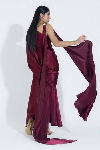 NA-KA_Maroon Silk One Shoulder Top And Skirt Set _Online_at_Aza_Fashions