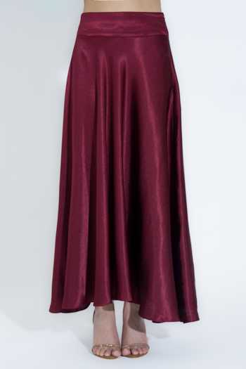 NA-KA_Maroon Silk One Shoulder Top And Skirt Set _at_Aza_Fashions