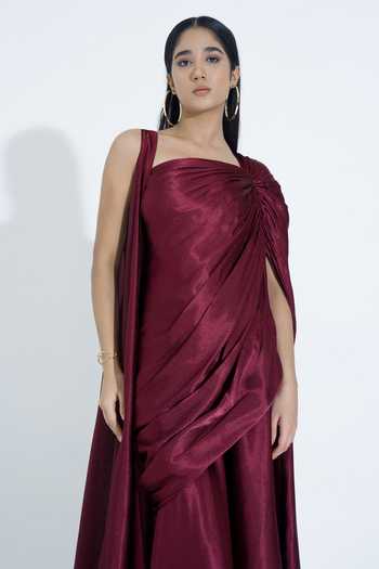 Buy_NA-KA_Maroon Silk One Shoulder Top And Skirt Set 