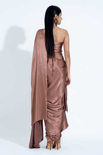 NA-KA_Brown Silk One Shoulder Gown _Online_at_Aza_Fashions
