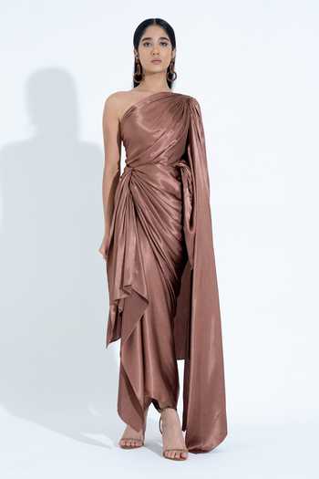 Buy_NA-KA_Brown Silk One Shoulder Gown _Online_at_Aza_Fashions