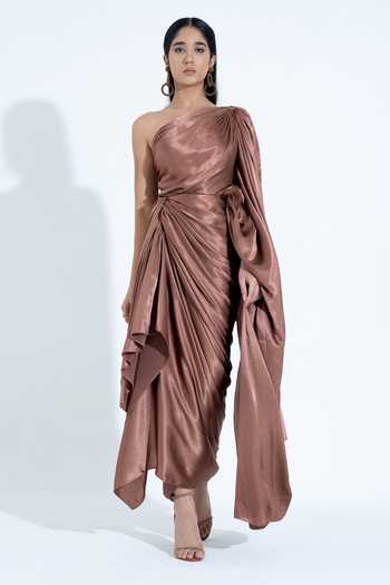 Shop_NA-KA_Brown Silk One Shoulder Gown _Online_at_Aza_Fashions