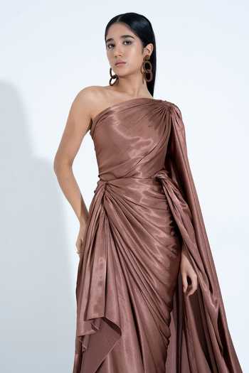 NA-KA_Brown Silk One Shoulder Gown _at_Aza_Fashions