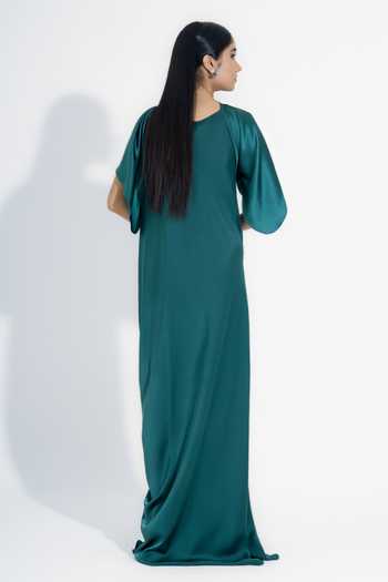 NA-KA_Green Satin Cowl Neck Draped Gown _Online_at_Aza_Fashions