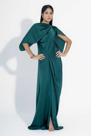 Buy_NA-KA_Green Satin Cowl Neck Draped Gown _at_Aza_Fashions