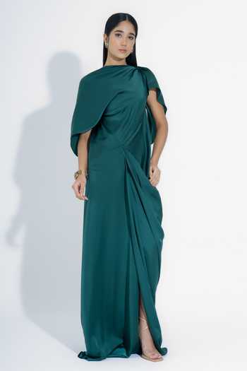 Buy_NA-KA_Green Satin Cowl Neck Draped Gown _Online_at_Aza_Fashions