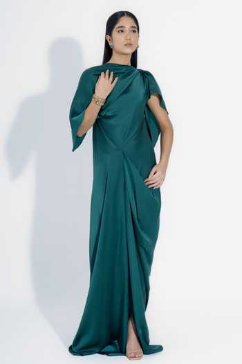 Shop_NA-KA_Green Satin Cowl Neck Draped Gown _Online_at_Aza_Fashions