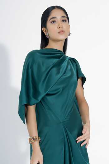 NA-KA_Green Satin Cowl Neck Draped Gown _at_Aza_Fashions