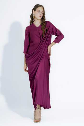 Buy_NA-KA_Wine Satin V-neck Draped Gown _at_Aza_Fashions