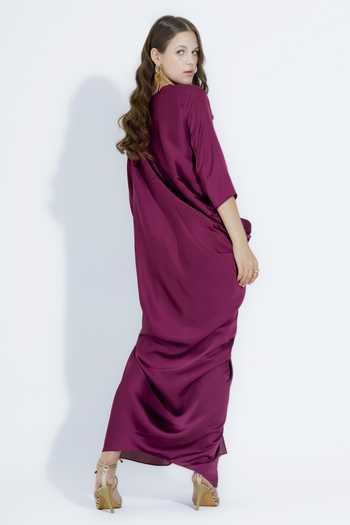 NA-KA_Wine Satin V-neck Draped Gown _Online_at_Aza_Fashions