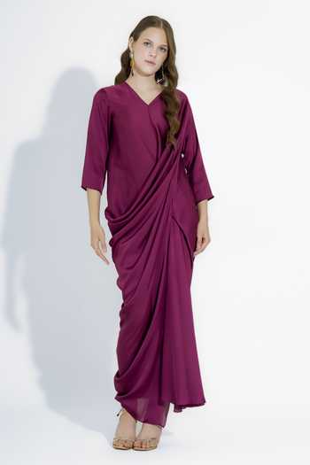 Buy_NA-KA_Wine Satin V-neck Draped Gown _Online_at_Aza_Fashions