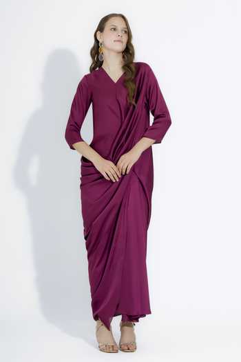 Shop_NA-KA_Wine Satin V-neck Draped Gown _Online_at_Aza_Fashions
