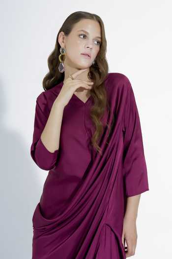 NA-KA_Wine Satin V-neck Draped Gown _at_Aza_Fashions
